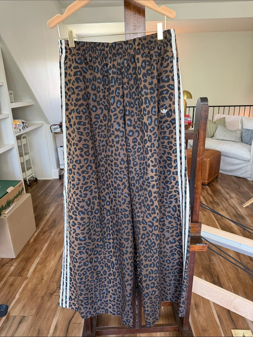 adidas Brown and Black Leopard Wide-Leg Track Pants with White Side Stripes - Picture 1 of 3